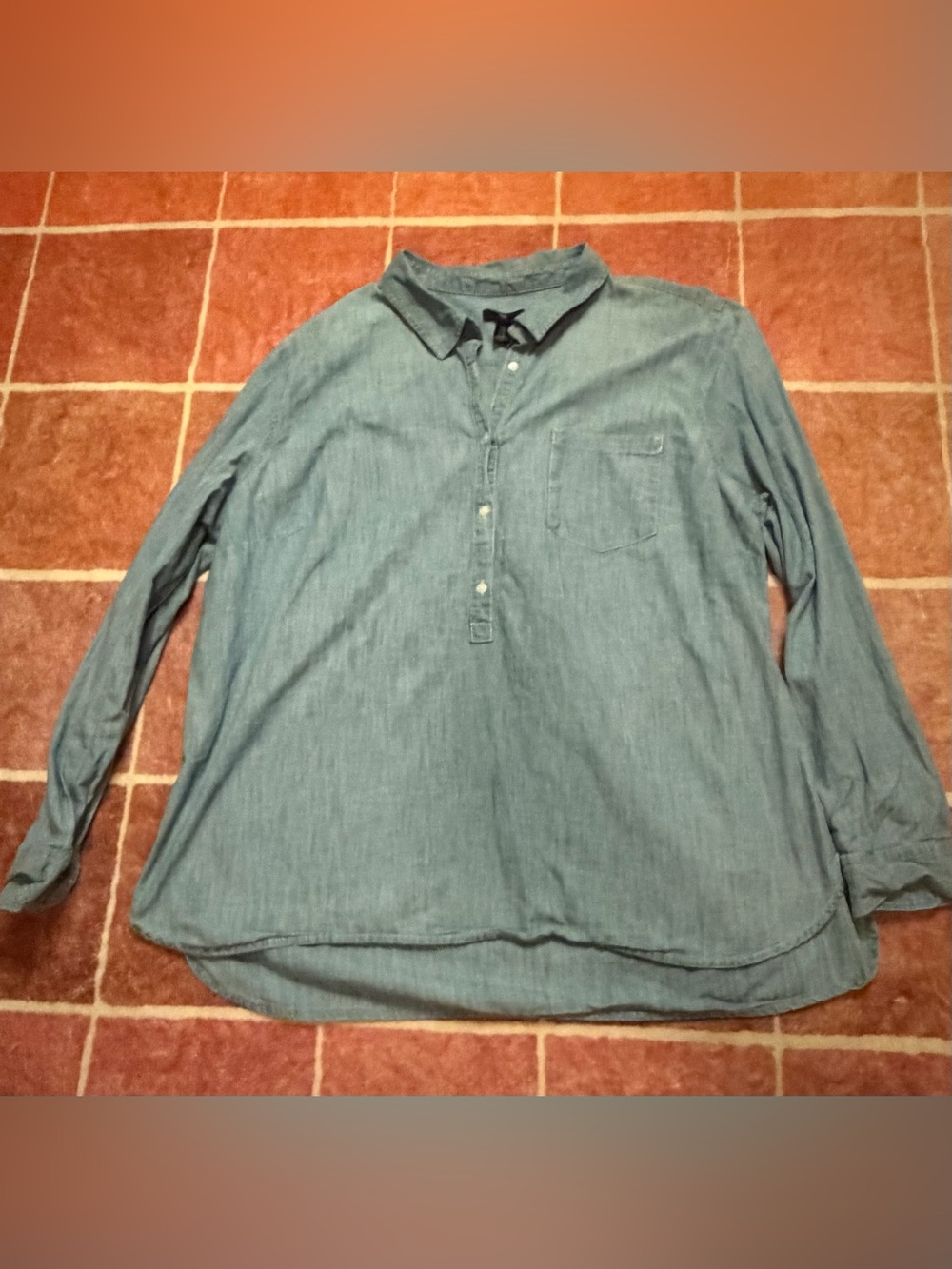 GAP Women's Blue Denim-Look Long Sleeve Henley Top